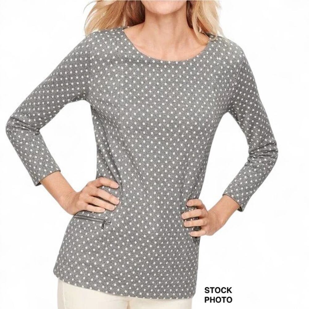 Talbots Gray Polka Dot Metallic Tunic Top Size M Pullover 3/4 Sleeve Casual Chic